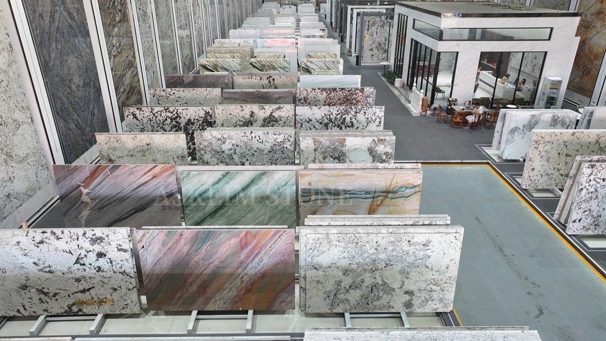 300+ slabs on display in the Akseim Stone showroom