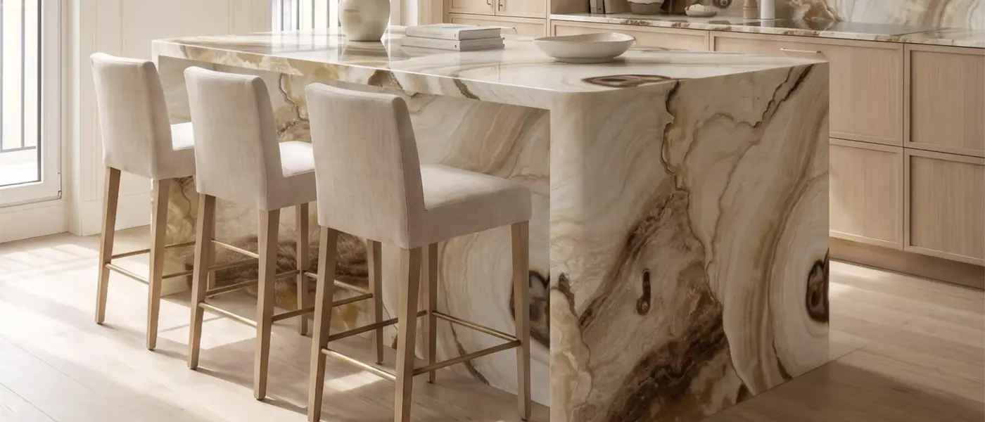 Persian onyx waterfall kitchen island with swirling honey and amber veining, set against a bright cream kitchen with upholstered bar stools